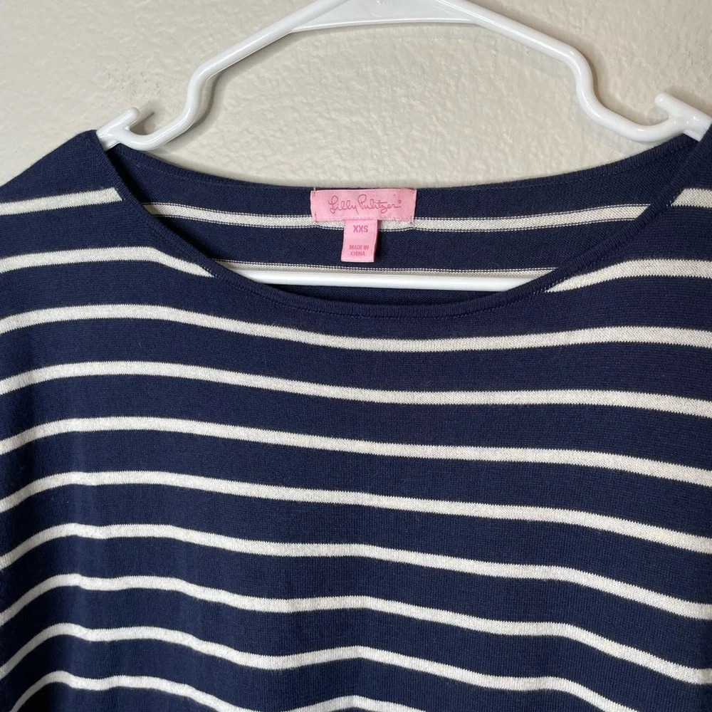 Lilly Pulitzer Navy Stripe Coolmax Elba Sweater With Tassels Size XXS - Picture 2 of 5